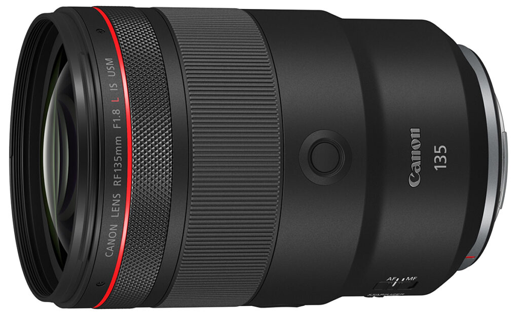 Canon RF 135mm F1.8 Lens in asymmetric view without caps