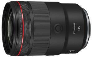 Canon RF 135mm F1.8 Lens in asymmetric view without caps